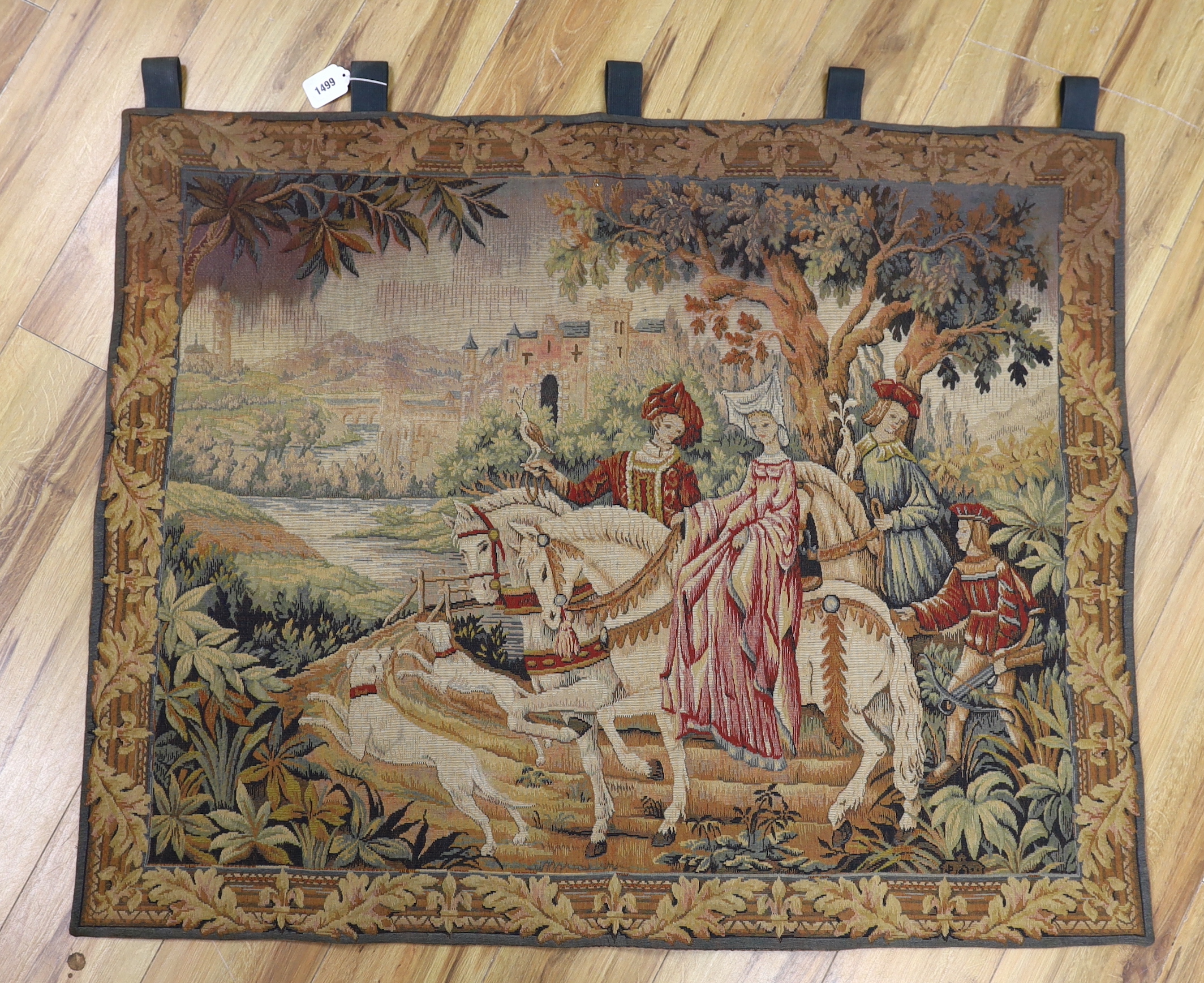 A machine tapestry panel of a Medieval figurative scene, 115cm wide, 91cm (not including hanging loops)